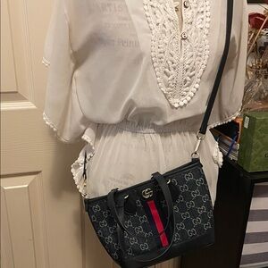 Navy Blue Jean  Crossbody Bag with Red Stripe.